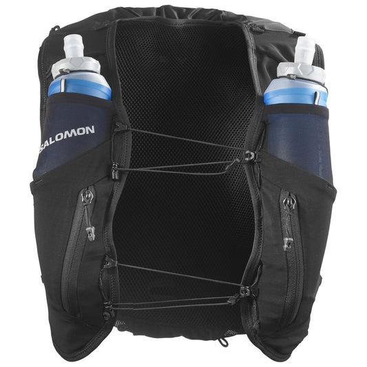 Chaleco de hidratación Salomon ADV Skin 12 para mujer negro, vista frontal con soft flasks colocadas